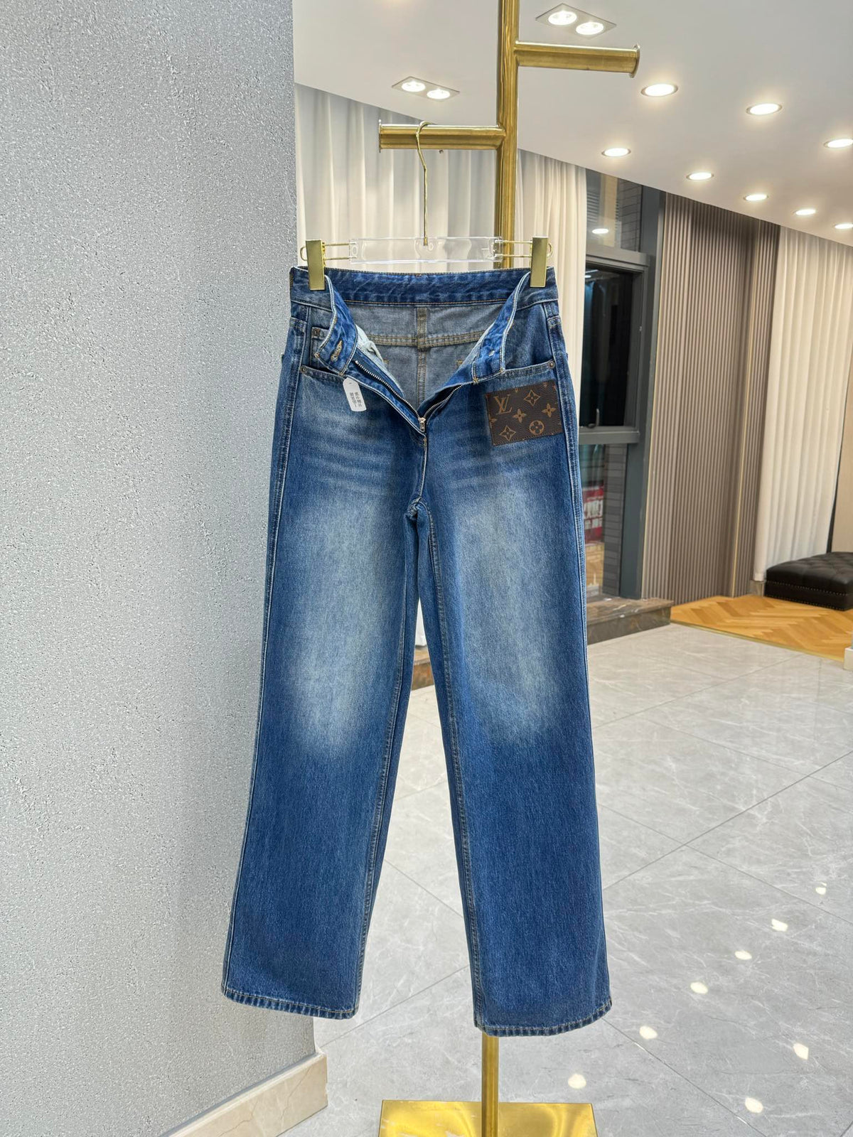 Straight Leg Denim Jeans With Leather Patch